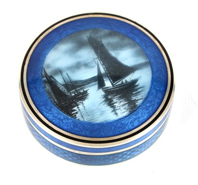 Lot 311 - A LATE 19TH CENTURY FRENCH ENGINE TUNED SILVER AND BLUE GUILLOCHE ENAMEL CIRCULAR LADIES BOX