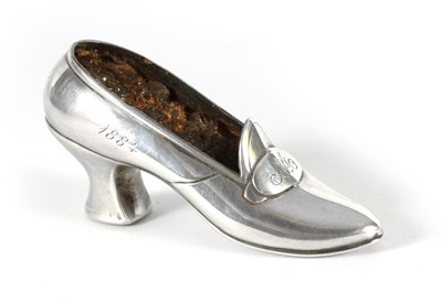 Lot 347 - A LATE 19TH CENTURY SILVER PIN CUSHION CASE FORMED A SHOE