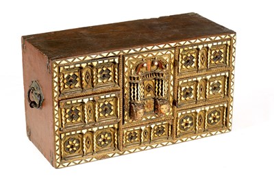 Lot 1172 - A RARE 16TH/17TH CENTURY PARCEL-GILT, POLYCHROME AND INLAID BONE VARGUENO/TABLE CABINET OF LARGE SIZE