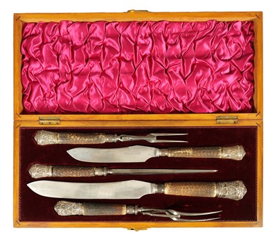 Lot 790 - A LATE 19TH CENTURY BOXED SILVER MOUNTED STAG HORN CARVING SET