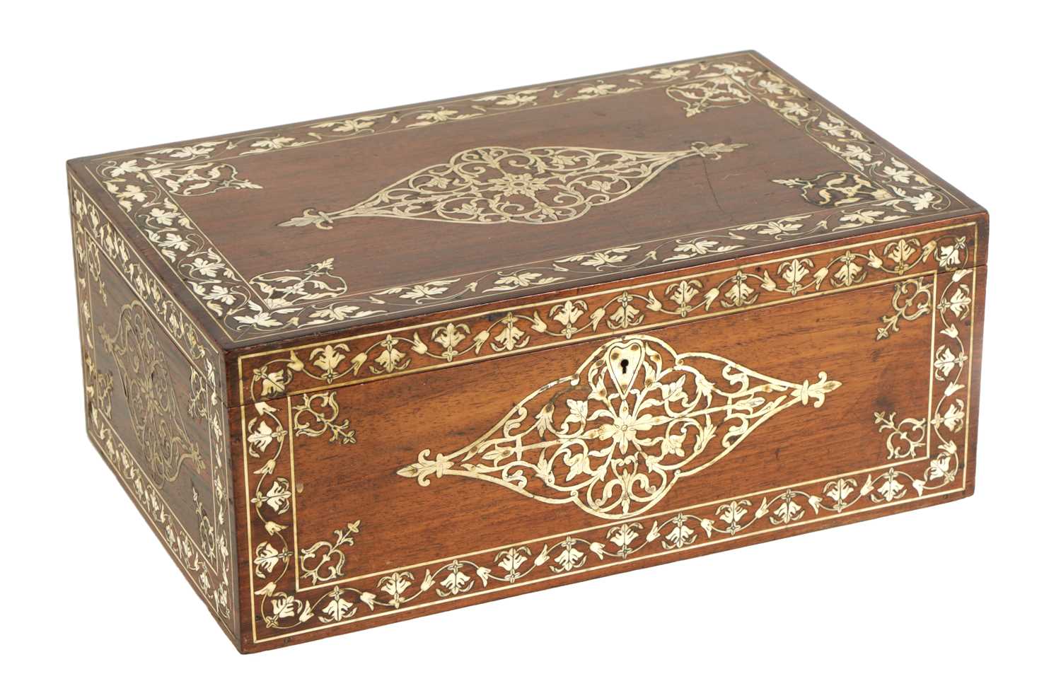 Lot 216 - A 19TH CENTURY ANGLO INDIAN IVORY AND SILVER METAL INLAID HARDWOOD JEWELLERY BOX