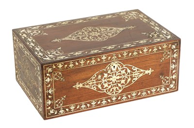 Lot 171 - A 19TH CENTURY ANGLO INDIAN IVORY AND SILVER METAL INLAID HARDWOOD JEWELLERY BOX