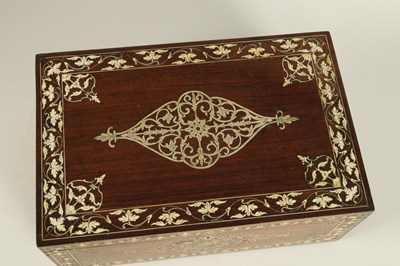 Lot 216 - A 19TH CENTURY ANGLO INDIAN IVORY AND SILVER METAL INLAID HARDWOOD JEWELLERY BOX
