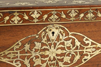 Lot 216 - A 19TH CENTURY ANGLO INDIAN IVORY AND SILVER METAL INLAID HARDWOOD JEWELLERY BOX
