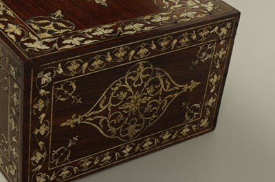 Lot 216 - A 19TH CENTURY ANGLO INDIAN IVORY AND SILVER METAL INLAID HARDWOOD JEWELLERY BOX