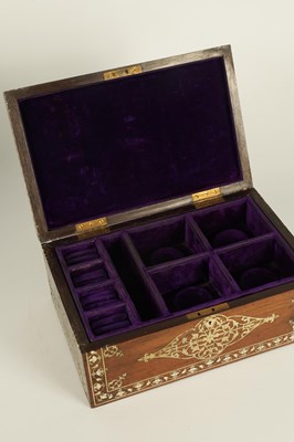 Lot 216 - A 19TH CENTURY ANGLO INDIAN IVORY AND SILVER METAL INLAID HARDWOOD JEWELLERY BOX