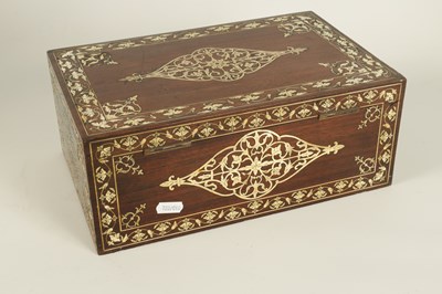 Lot 216 - A 19TH CENTURY ANGLO INDIAN IVORY AND SILVER METAL INLAID HARDWOOD JEWELLERY BOX