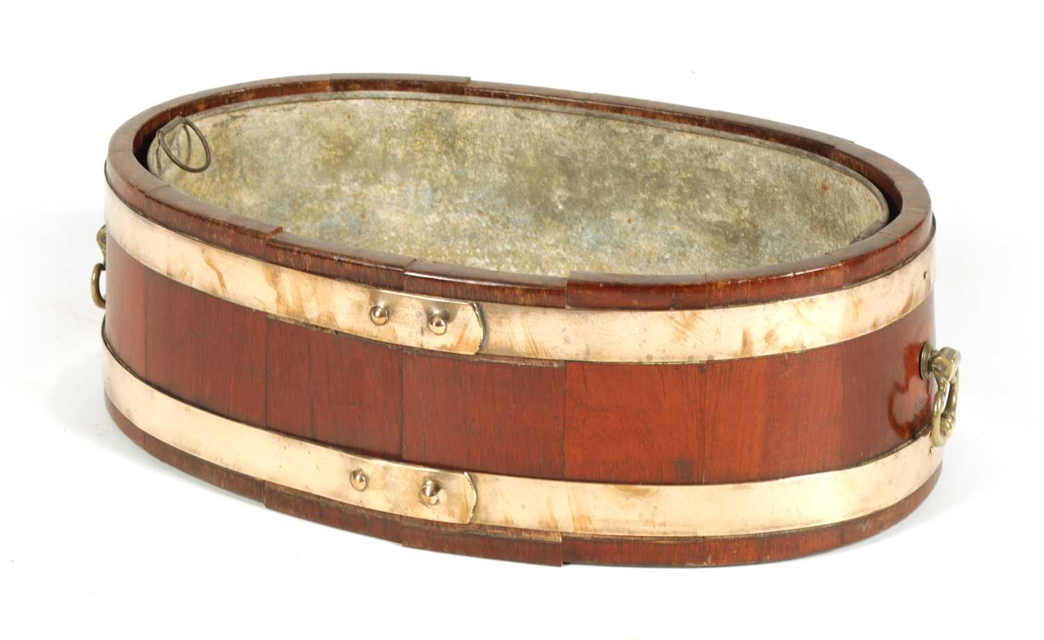 Lot 1189 - A GEORGIAN OVAL COOPERED BRASS BOUND WALNUT PLANTER/WINE COOLER