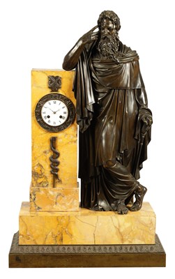 Lot 1018 - A LARGE AND IMPRESSIVE EARLY 19TH CENTURY FIGURAL BRONZE AND SIENNA MARBLE MANTEL CLOCK