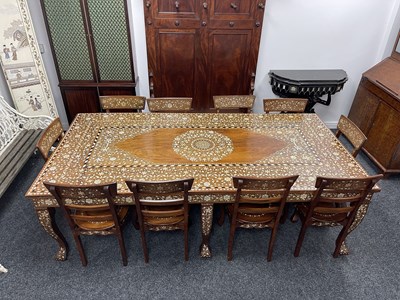 Lot 1046 - A FINE LATE 19TH/EARLY 20TH CENTURY IVORY AND EBONY INLAID HARDWOOD ANGLO INDIAN DINING ROOM TABLE AND SET OF TEN CHAIRS