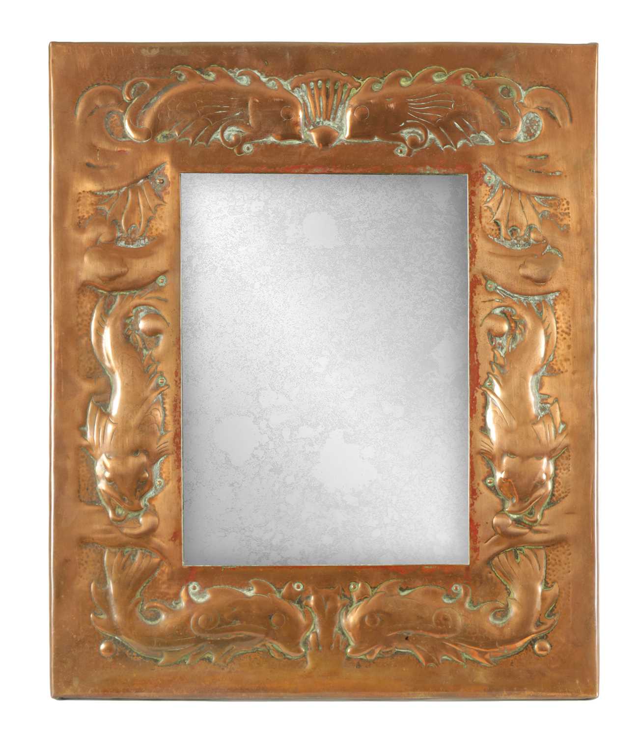 Lot 527 - AN ARTS AND CRAFTS NEWLYN SCHOOL STYLE COPPER FRAMED MIRROR