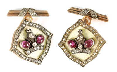 Lot 270 - A PAIR OF 14CT GOLD GUILLOCHE ENAMEL DIAMOND AND RUBY CUFFLINKS IN HOLLY WOOD BOX STAMPED FABERGE