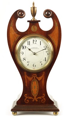 Lot 828 - AN EDWARDIAN ART NOUVEAU STYLE BOXWOOD STRUNG AND MAHOGANY INLAID MANTEL CLOCK