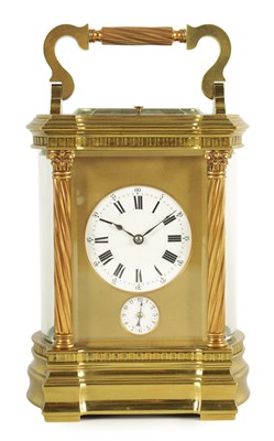 Lot 986 - A LARGE SIZE LATE 19TH CENTURY FRENCH BOW SIDED LACQUERED BRASS REPEATING CARRIAGE CLOCK WITH ALARM