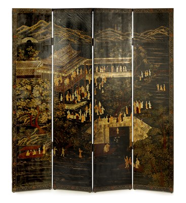 Lot 123 - A 19TH CENTURY CHINESE BLACK LACQUERWORK FOUR FOLD SCREEN