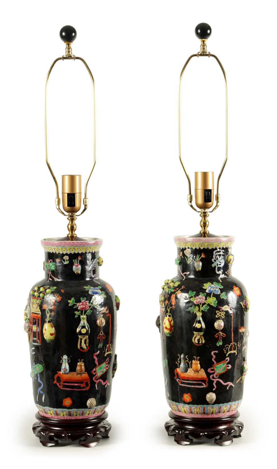 Lot 223 - A PAIR OF CHINESE REPUBLIC FAMILLE NOIRE PORCELAIN VASES CONVERTED INTO TABLE LAMPS