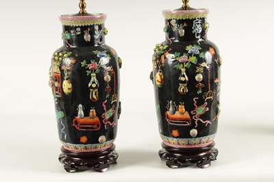 Lot 223 - A PAIR OF CHINESE REPUBLIC FAMILLE NOIRE PORCELAIN VASES CONVERTED INTO TABLE LAMPS