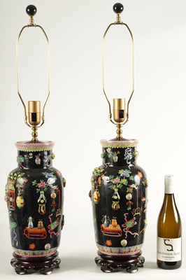 Lot 223 - A PAIR OF CHINESE REPUBLIC FAMILLE NOIRE PORCELAIN VASES CONVERTED INTO TABLE LAMPS