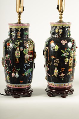 Lot 223 - A PAIR OF CHINESE REPUBLIC FAMILLE NOIRE PORCELAIN VASES CONVERTED INTO TABLE LAMPS