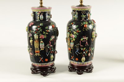 Lot 223 - A PAIR OF CHINESE REPUBLIC FAMILLE NOIRE PORCELAIN VASES CONVERTED INTO TABLE LAMPS