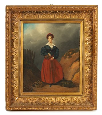 Lot 826 - A 19TH CENTURY OIL ON CANVAS.  FULL LENGTH PORTRAIT OF A YOUNG SCOTTISH LADY