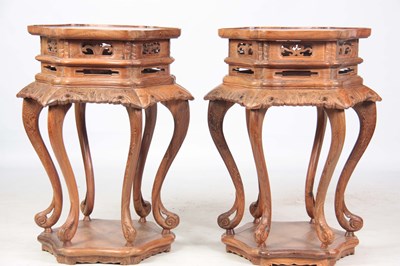 Lot 177 - A PAIR OF EARLY 20TH CENTURY CHINESE CHICKEN WING WOOD HEXAGONAL SHAPED JARDINIERE STANDS