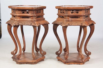 Lot 177 - A PAIR OF EARLY 20TH CENTURY CHINESE CHICKEN WING WOOD HEXAGONAL SHAPED JARDINIERE STANDS