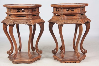 Lot 177 - A PAIR OF EARLY 20TH CENTURY CHINESE CHICKEN WING WOOD HEXAGONAL SHAPED JARDINIERE STANDS