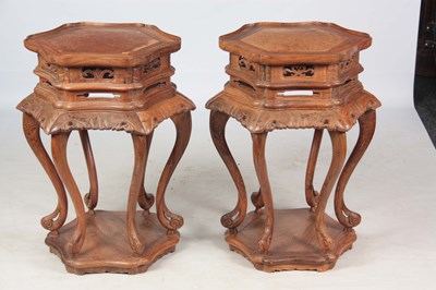 Lot 177 - A PAIR OF EARLY 20TH CENTURY CHINESE CHICKEN WING WOOD HEXAGONAL SHAPED JARDINIERE STANDS