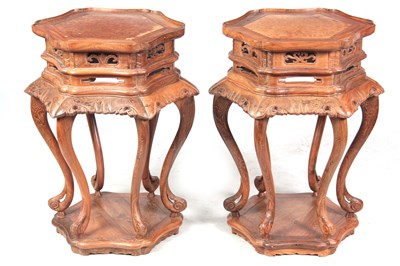 Lot 177 - A PAIR OF EARLY 20TH CENTURY CHINESE CHICKEN WING WOOD HEXAGONAL SHAPED JARDINIERE STANDS