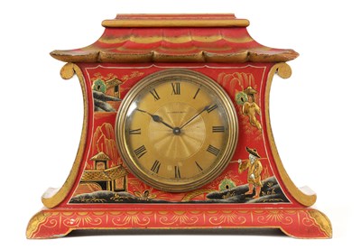 Lot 957 - A LATE 19TH CENTURY CHINESE STYLE SCARLET LACQUER CHINOISERIE DECORATED MANTEL CLOCK