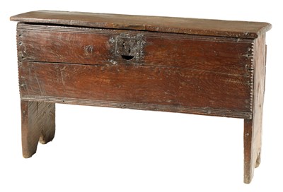 Lot 1132 - A 17TH CENTURY SIX PLANK NAILED OAK COFFER