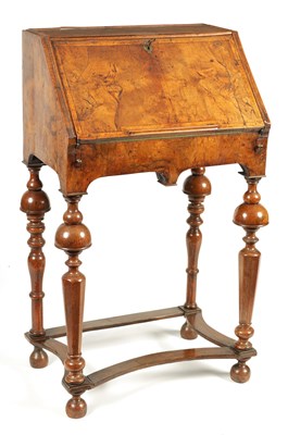 Lot 1128 - A WILLIAM AND MARY HERRING-BANDED AND FIGURED WALNUT SMALL BUREAU ON STAND