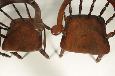 Lot 1052 - A GOOD MATCHED SET OF SIX MID 19TH CENTURY YEW-WOOD SMOKERS' BOW ARMCHAIRS