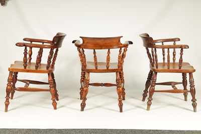Lot 1052 - A GOOD MATCHED SET OF SIX MID 19TH CENTURY YEW-WOOD SMOKERS' BOW ARMCHAIRS