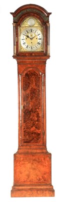 Lot 927 - GEORGE CLARKE, LEADEN HALL STREET, LONDON. AN EARLY 18TH CENTURY BURR WALNUT QUARTER CHIMING LONGCASE CLOCK