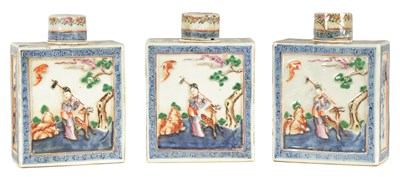 Lot 152 - A SET OF THREE 19TH CENTURY CHINESE FAMILLE ROSE PORCELAIN TEA CADDIES