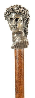 Lot 433 - A LATE 19TH CENTURY CONTINENTAL CAST SILVER MOUNTED FIGURE HEAD WALKING CANE