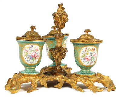 Lot 769 - A 18TH CENTURY FRENCH ROCOCO ORMOLU AND SERVES STYLE TRIPLE INKSTAND