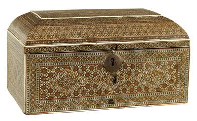 Lot 136 - A LATE 17TH CENTURY ANGLO PERSIAN SADELI GOLD AND IVORY INLAID TABLE CASKET