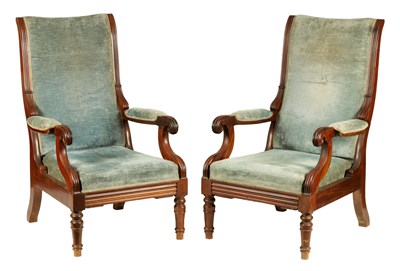 Lot 1086 - A PAIR OF LATE REGENCY UPHOLSTERED MAHOGANY RECLINING OPEN ARM CHAIRS WITH PULL-OUT ANGLED LEG RESTS