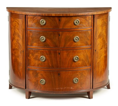 Lot 1120 - A GEORGE III FLAME MAHOGANY AND BOXWOOD STRUNG DEMI LUNE COMMODE IN THE MANNER OF GILLOWS