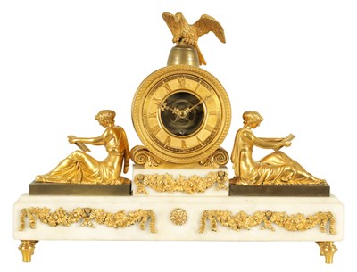 Lot 1007 - PHILIP GILBERT COCKSPUR STREET LONDON. AN ENGLISH REGENCY ORMOLU, BRONZE AND WHITE MARBLE MANTEL CLOCK