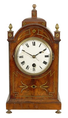 Lot 977 - A REGENCY BRASS INLAID FIGURED MAHOGANY MANTEL CLOCK OF SMALL SIZE