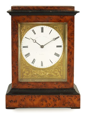 Lot 906 - A 19TH CENTURY FRENCH BURR YEW WOOD SMALL MANTEL CLOCK