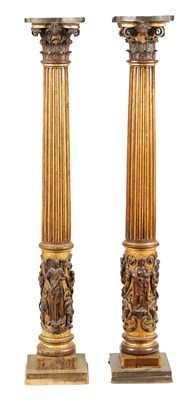 Lot 1055 - A PAIR OF 19TH CENTURY OAK AND GILT HIGH-LIGHTED CARVED CORINTHIAN COLUMNS