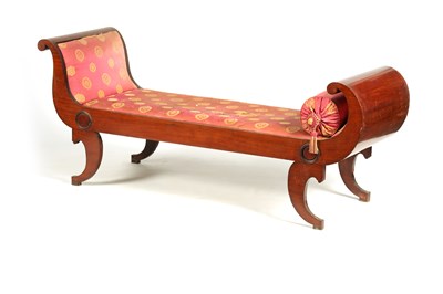 Lot 1072 - A 19TH CENTURY FRENCH BIEDERMEIER MAHOGANY SCROLL-ENDED UPHOLSTERED CHAISE LONGUE