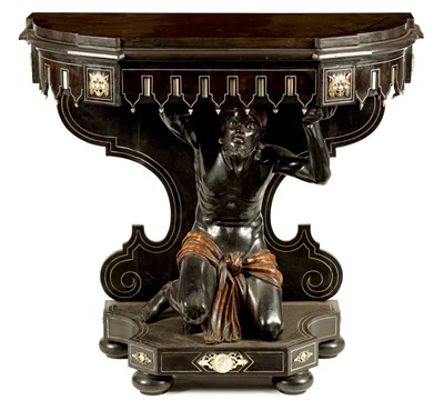 Lot 1168 - A GOOD 19TH CENTURY EBONY AND IVORY INLAID ITALIAN BLACKAMOOR SIDE TABLE