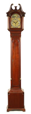 Lot 956 - AN EDWARDIAN MINIATURE THREE TRAIN MAHOGANY LONGCASE CLOCK