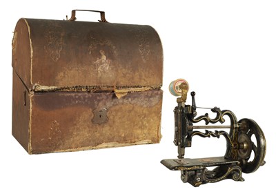 Lot 698 - CHARLES RAYMOND. A 19TH CENTURY PORTABLE CAST IRON SEWING MACHINE WITH ORIGINAL BOX